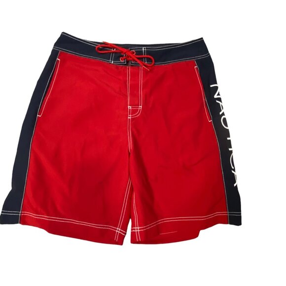 Nautica Men's Red and Blue Spellout Swim Trunks Size 33 - Picture 1 of 5